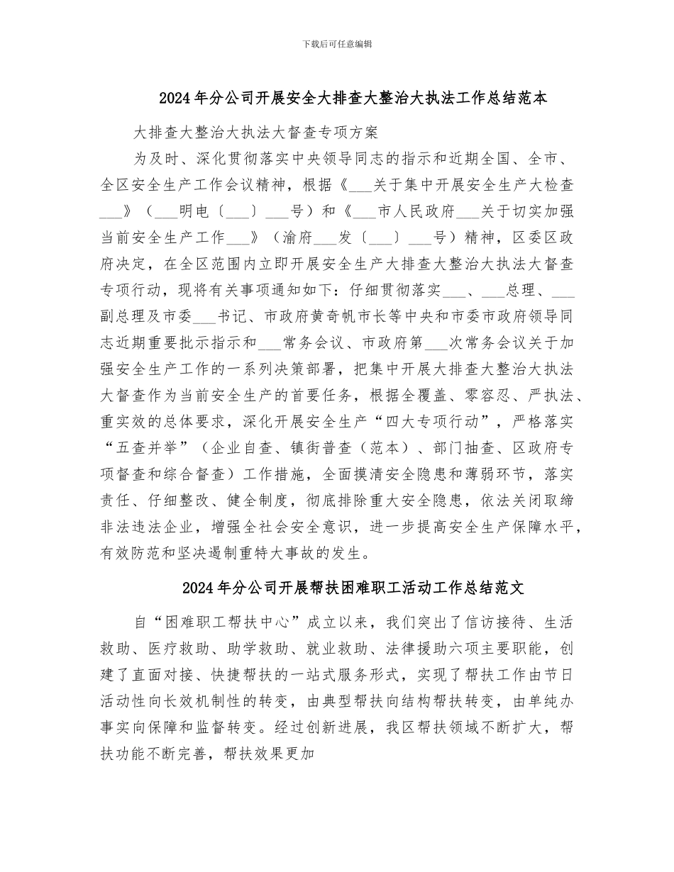 2024年分公司开展安全大排查大整治大执法工作总结范本_第1页