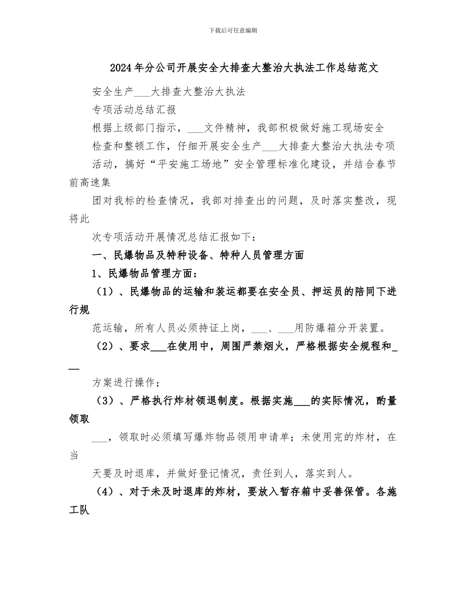 2024年分公司开展安全大排查大整治大执法工作总结范文_第1页