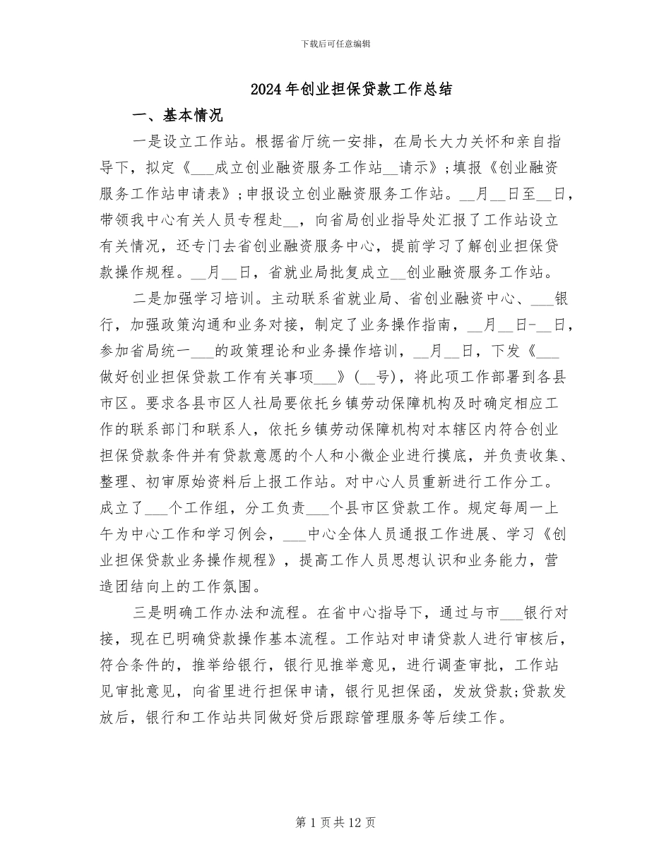 2024年创业担保贷款工作总结_第1页