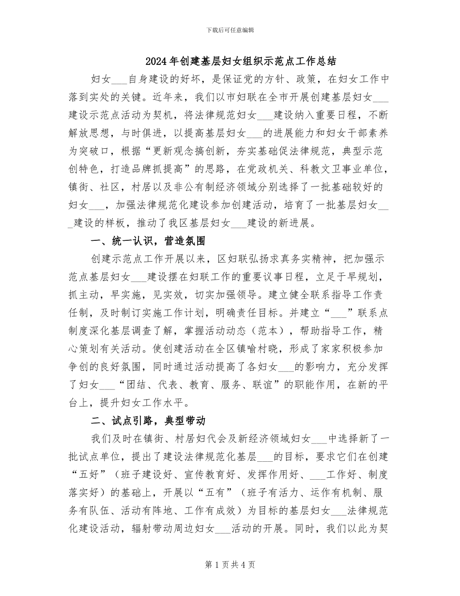 2024年创建基层妇女组织示范点工作总结_第1页