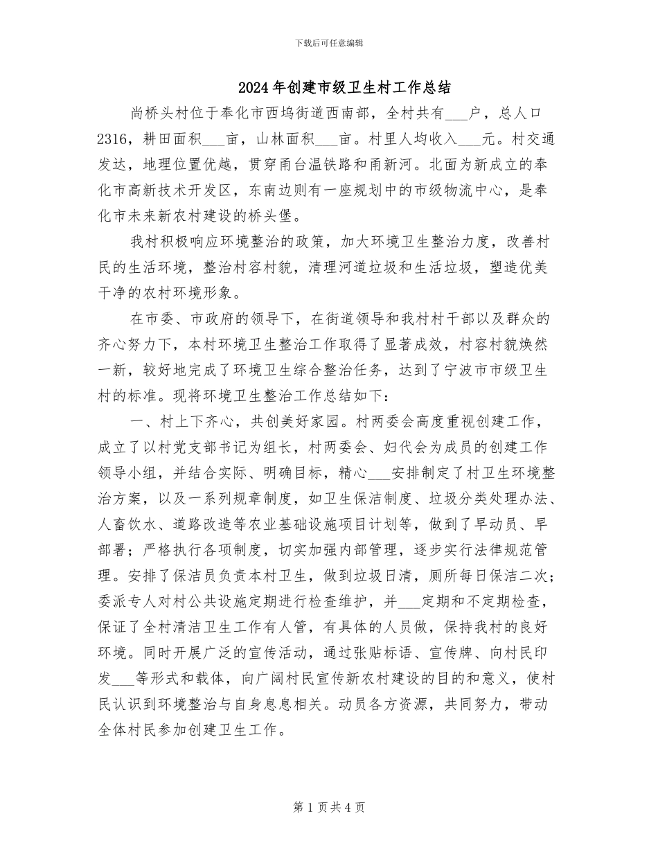 2024年创建市级卫生村工作总结_第1页