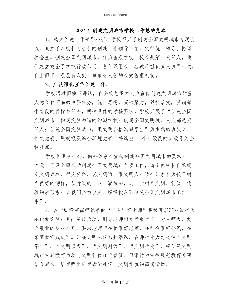 2024年创建文明城市学校工作总结范本_第1页