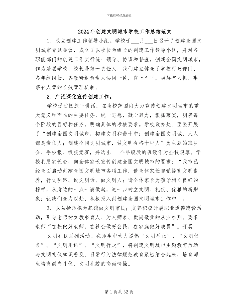 2024年创建文明城市学校工作总结范文_第1页