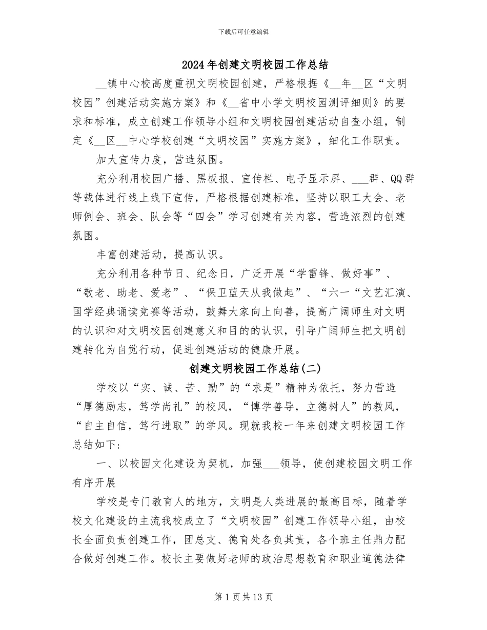 2024年创建文明校园工作总结_第1页