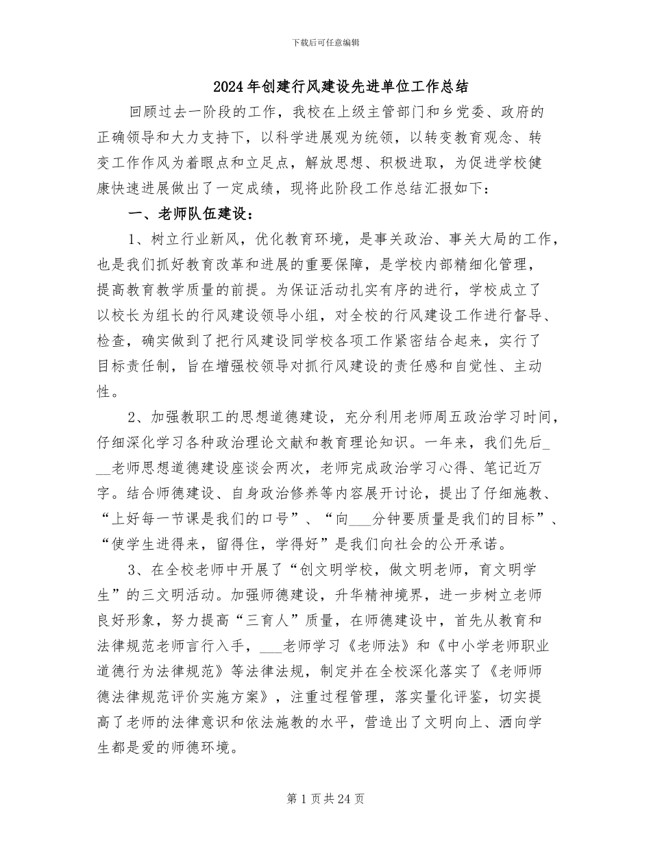 2024年创建行风建设先进单位工作总结_第1页