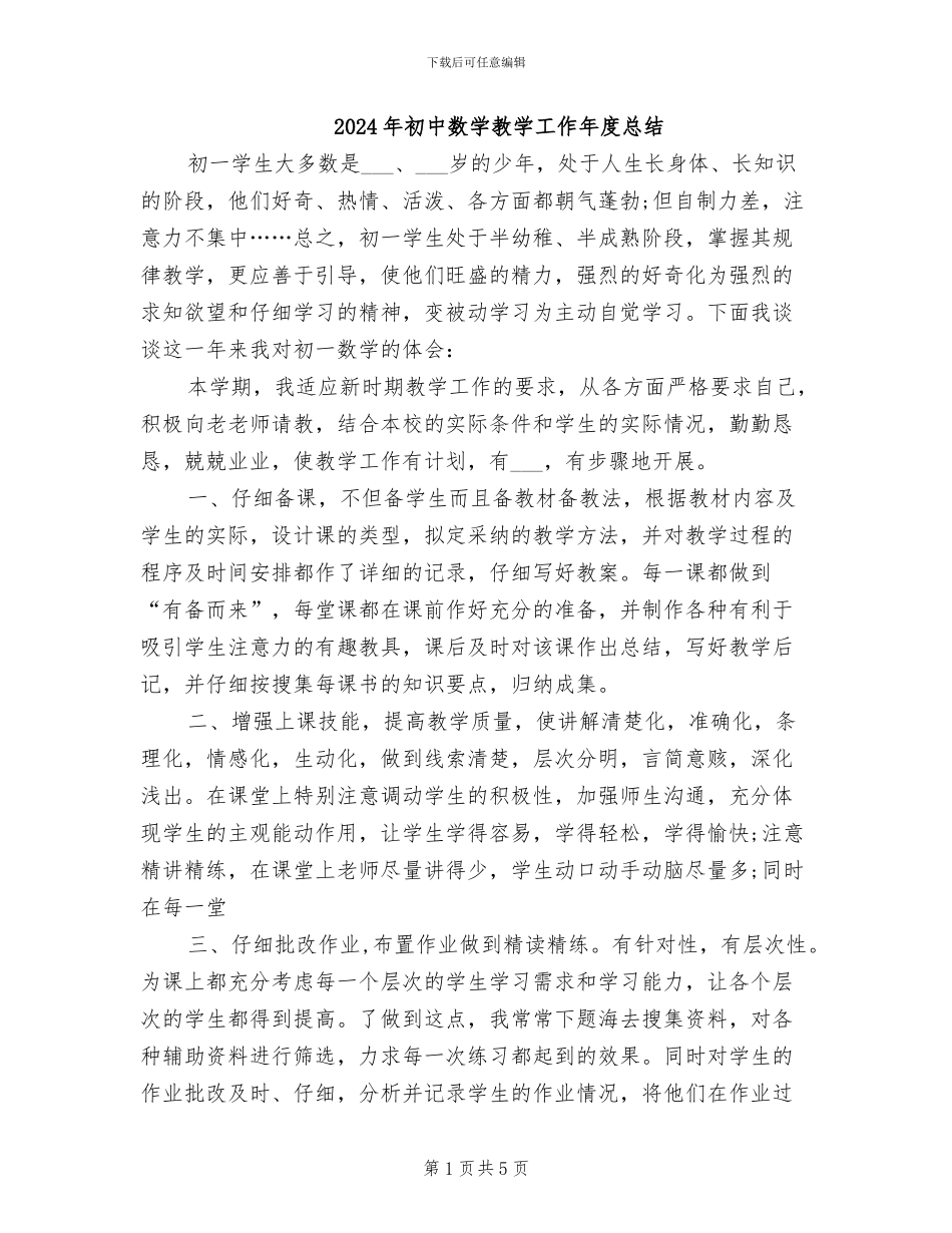 2024年初中数学教学工作年度总结_第1页