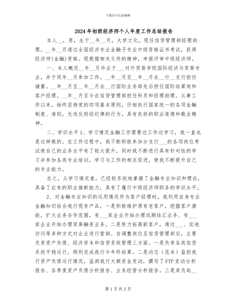 2024年初级经济师个人年度工作总结报告_第1页