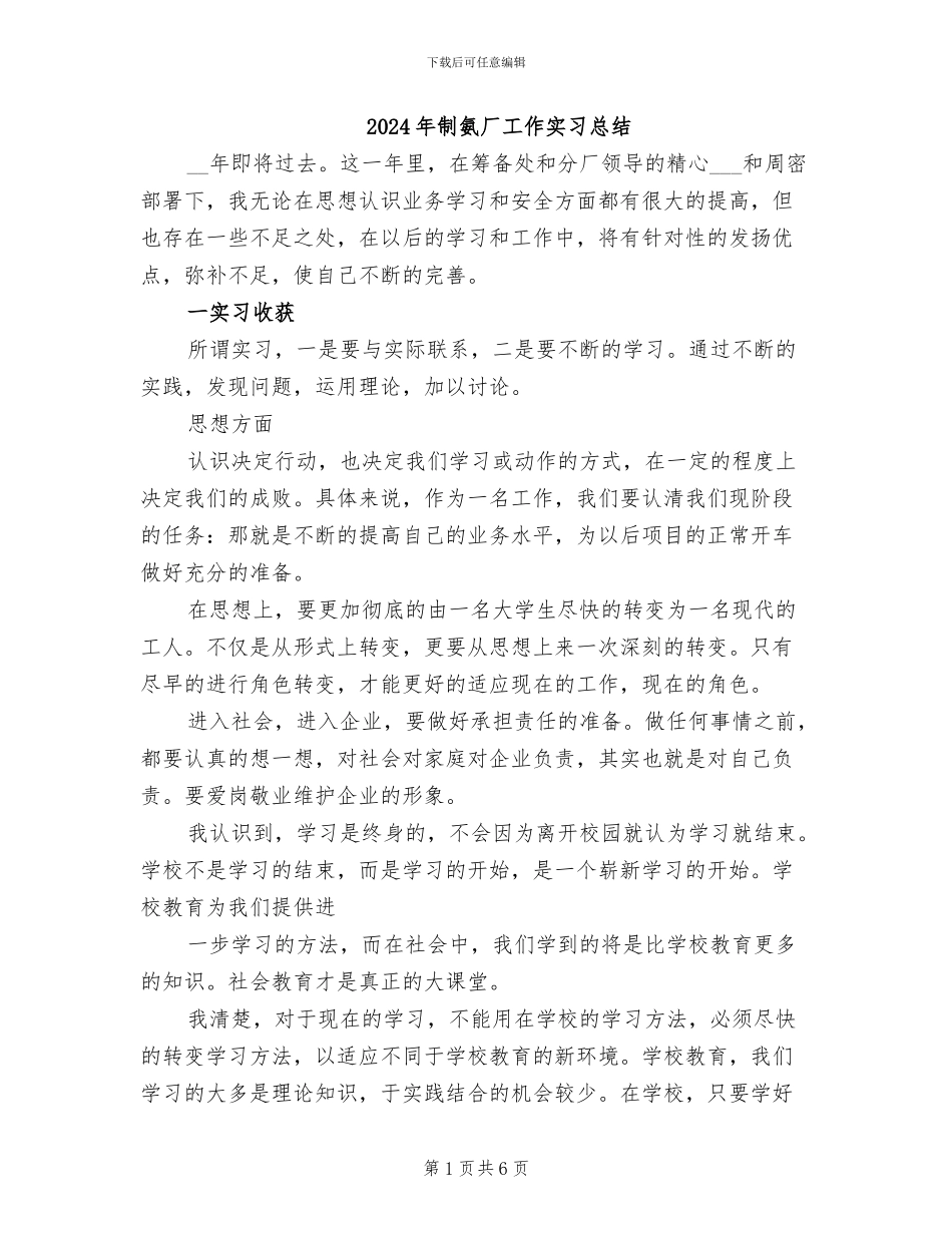 2024年制氨厂工作实习总结_第1页