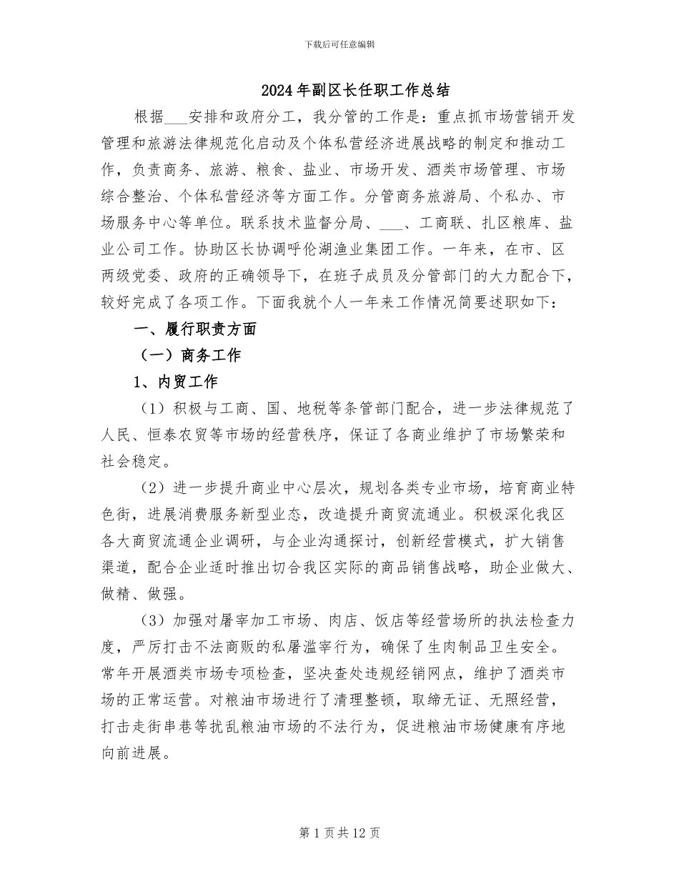 2024年副区长任职工作总结_第1页
