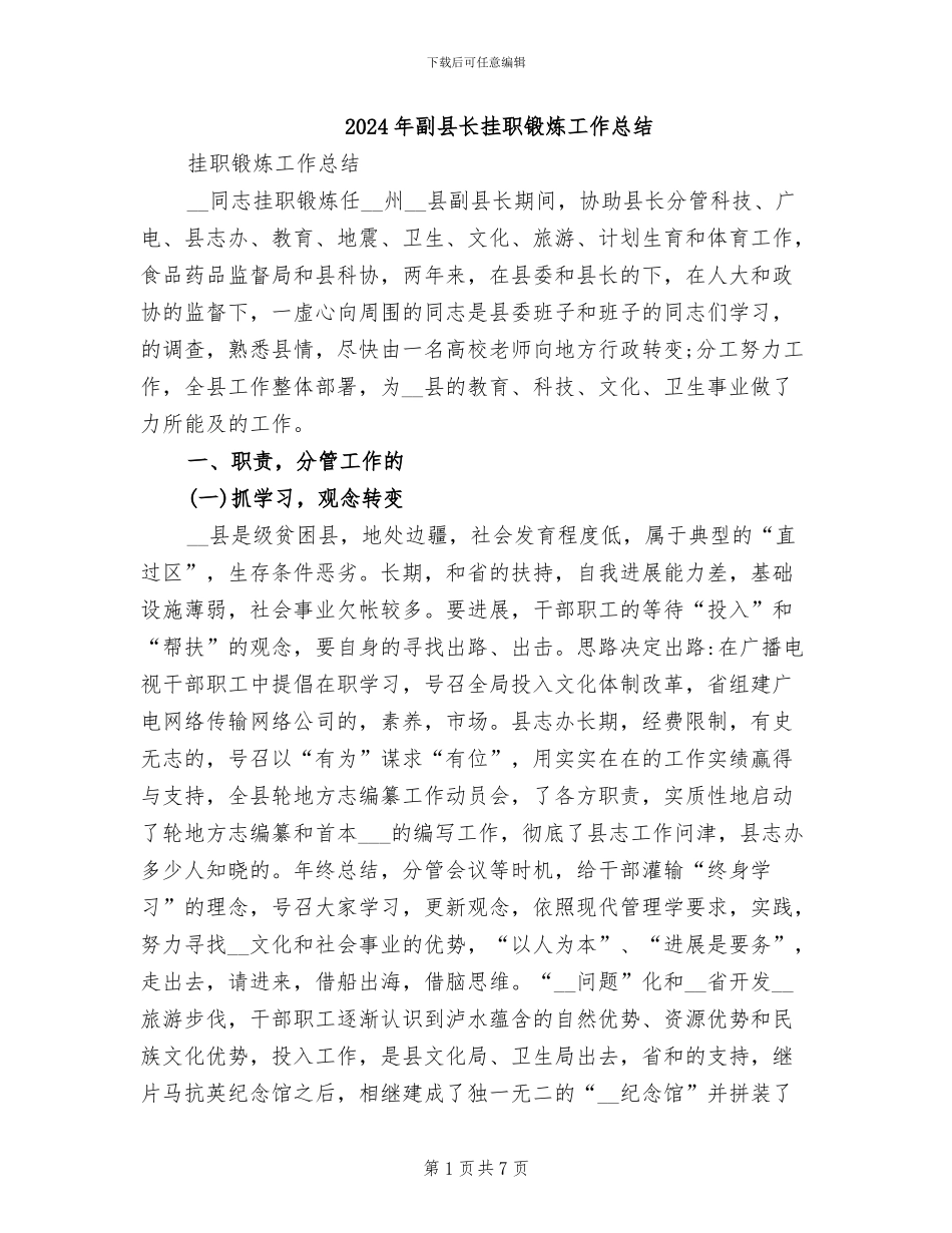 2024年副县长挂职锻炼工作总结_第1页