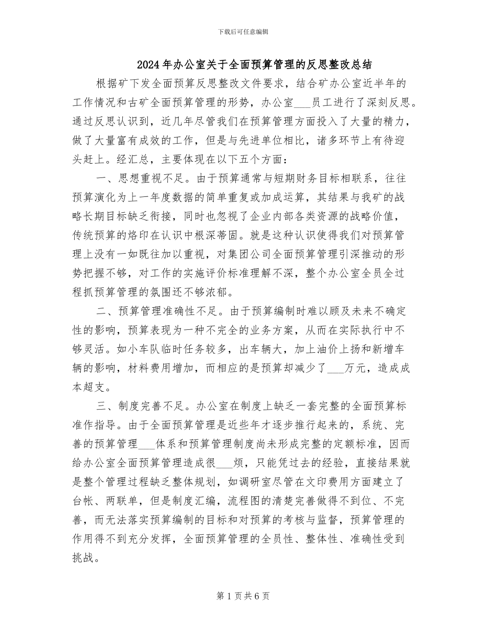 2024年办公室关于全面预算管理的反思整改总结_第1页