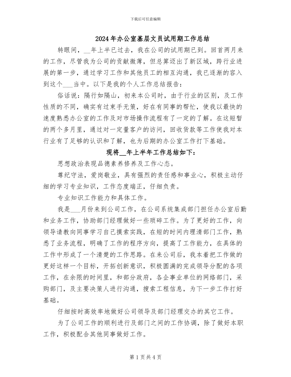 2024年办公室基层文员试用期工作总结_第1页