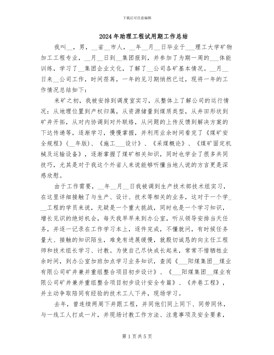 2024年助理工程试用期工作总结_第1页