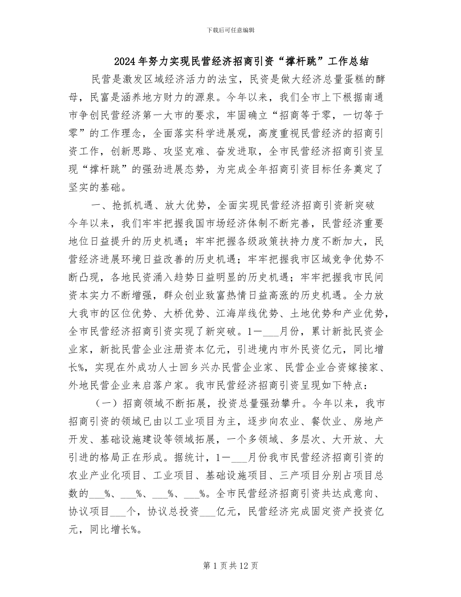 2024年努力实现民营经济招商引资“撑杆跳”工作总结_第1页