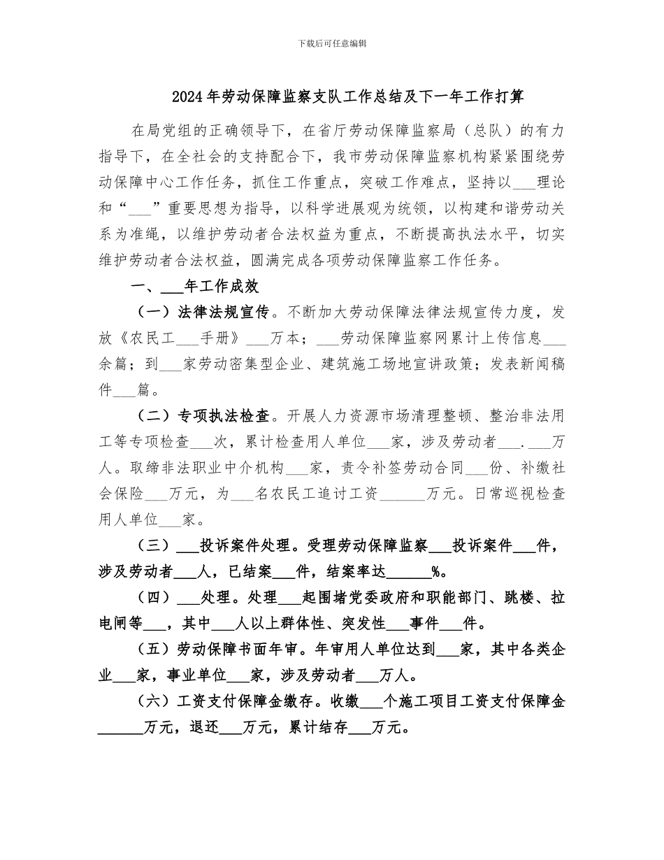 2024年劳动保障监察支队工作总结及下一年工作打算_第1页