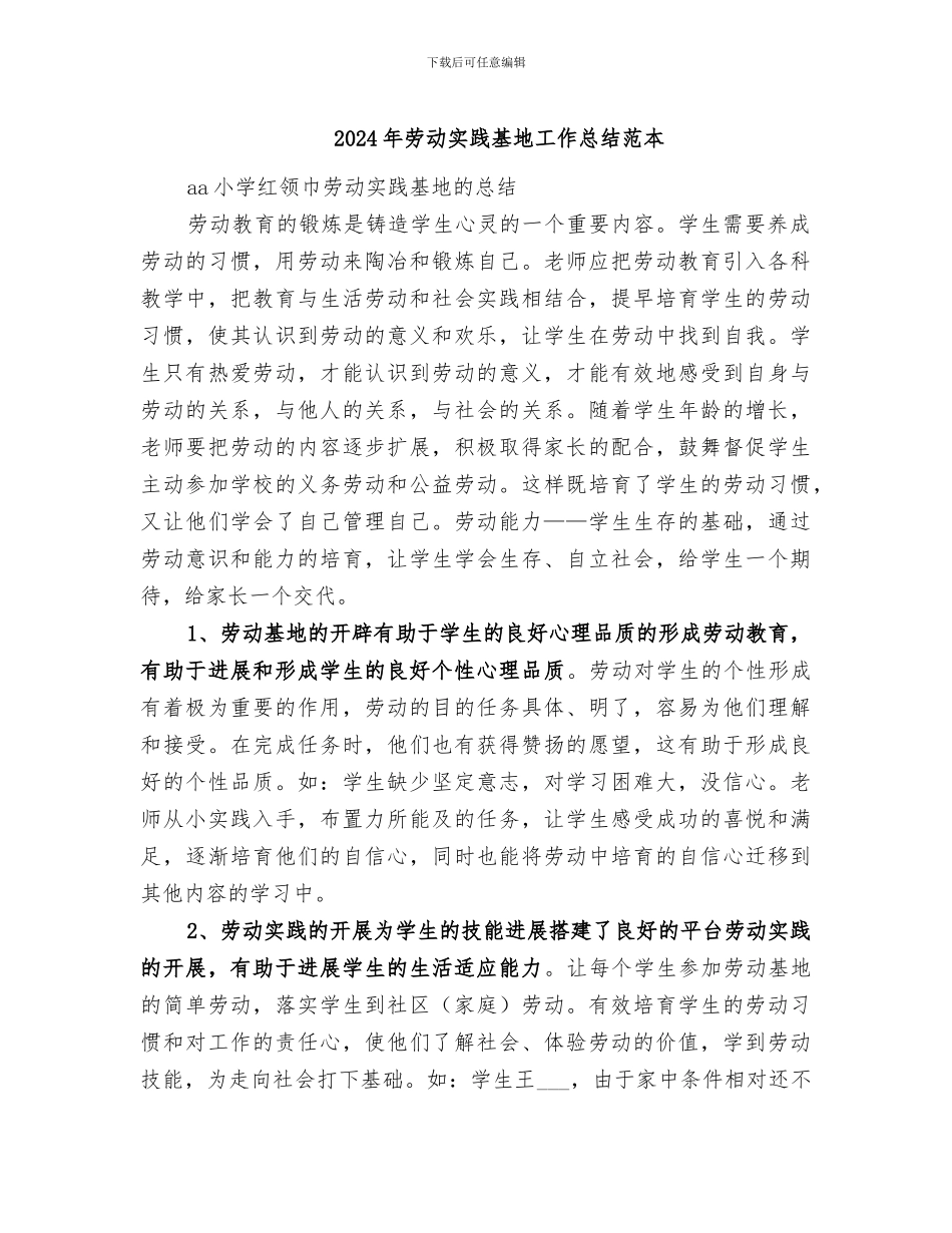 2024年劳动实践基地工作总结范本_第1页