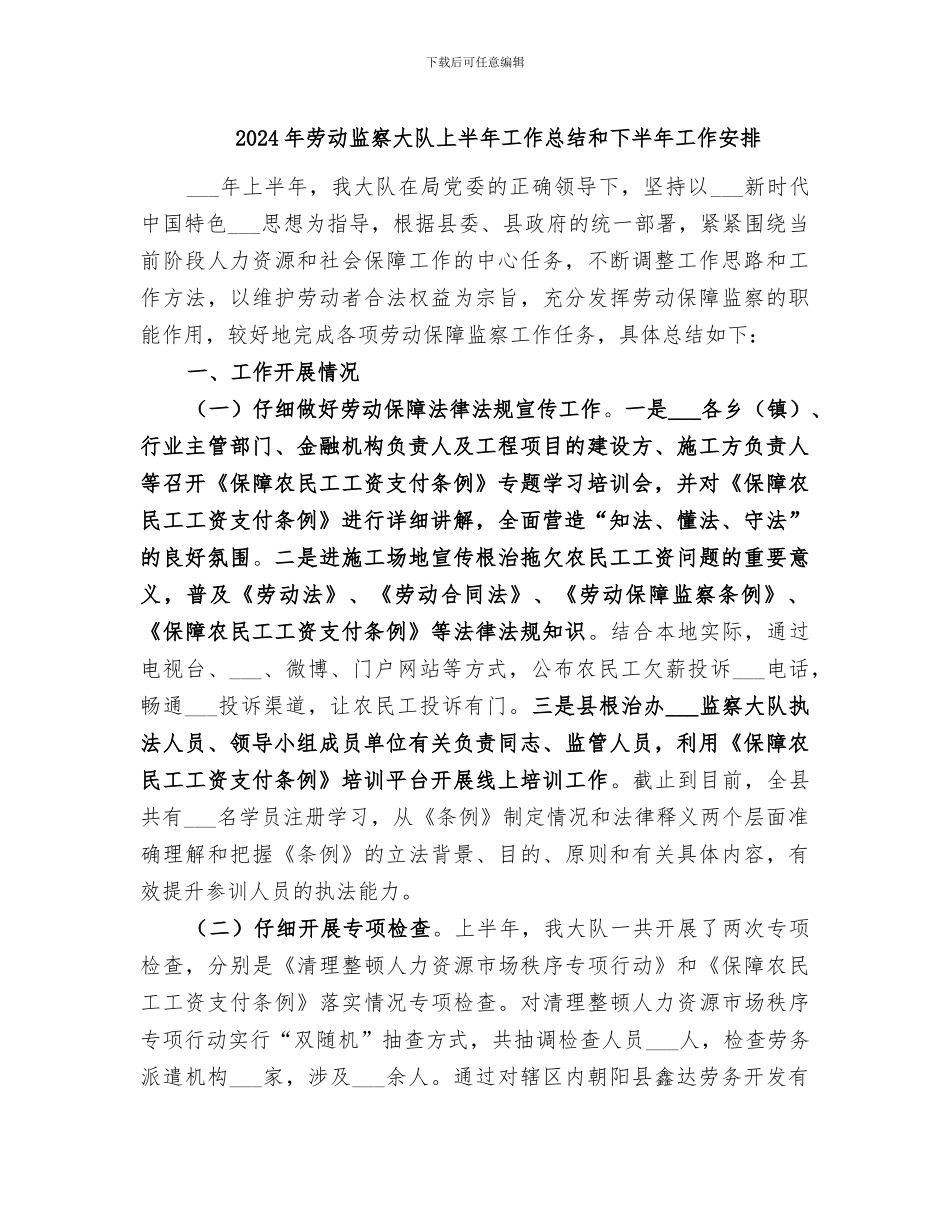 2024年劳动监察大队上半年工作总结和下半年工作安排_第1页
