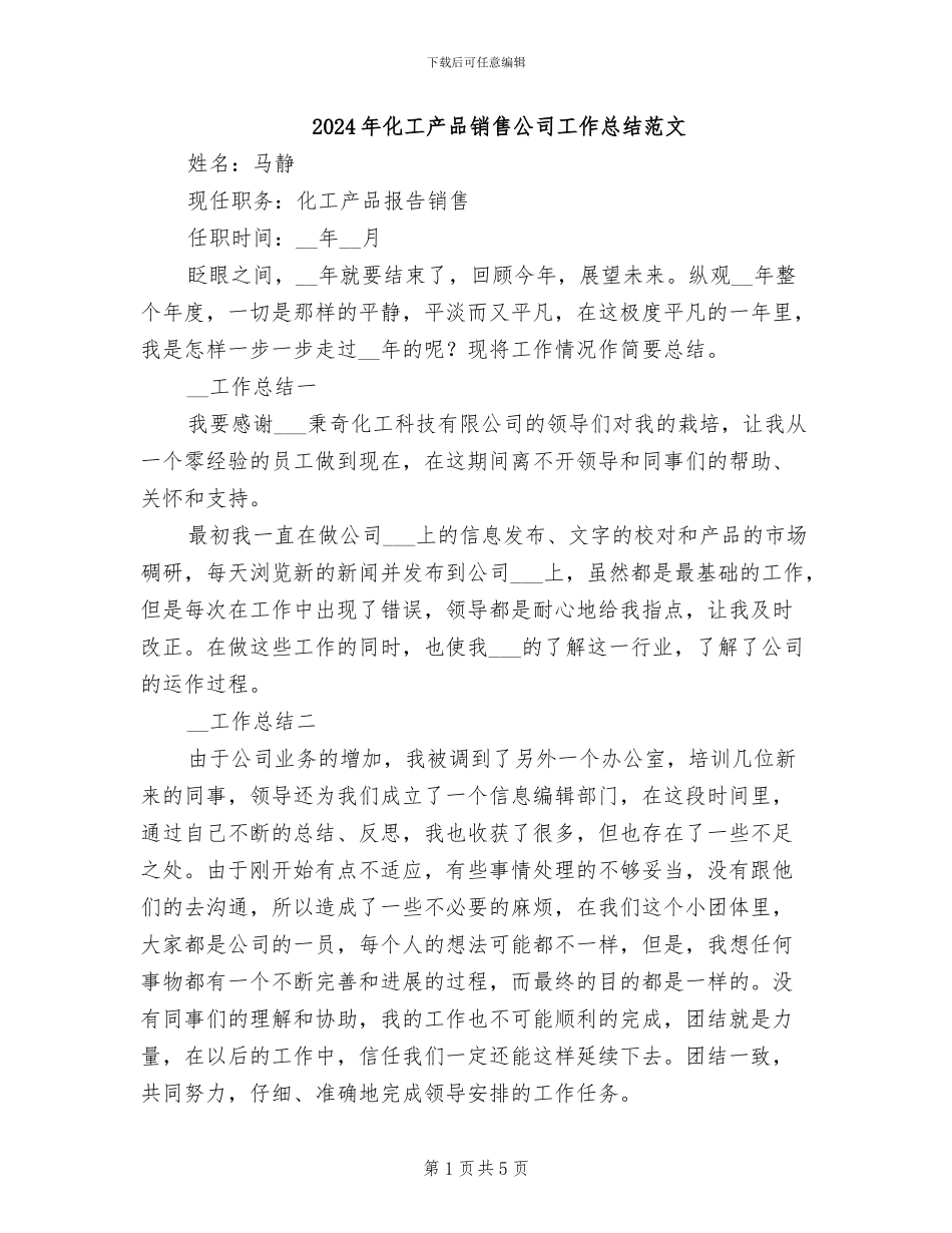 2024年化工产品销售公司工作总结范文_第1页