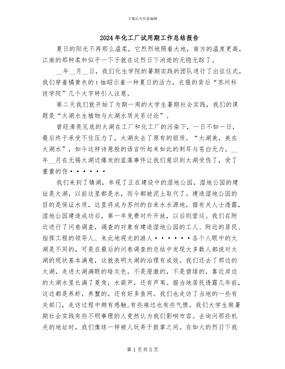 2024年化工厂试用期工作总结报告_第1页
