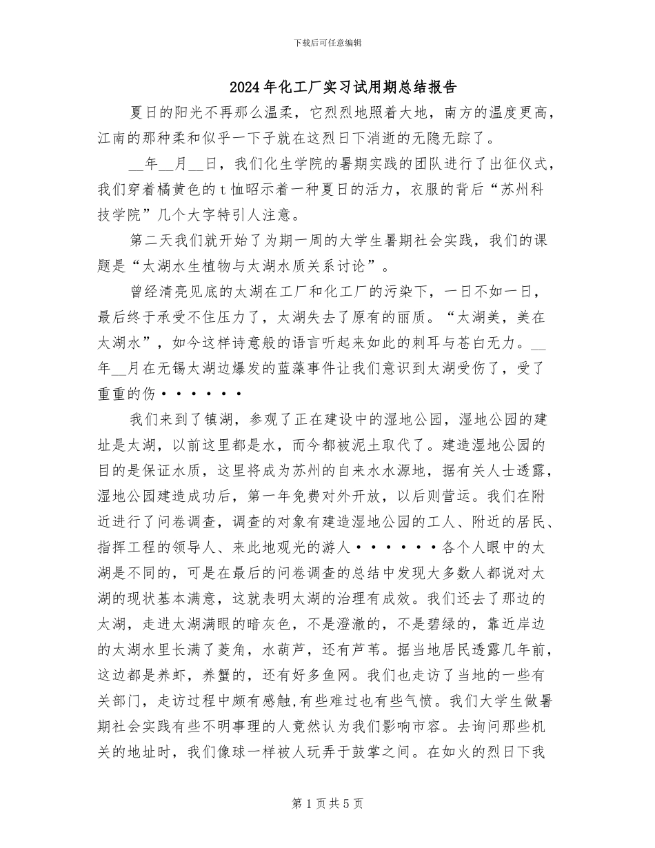 2024年化工厂实习试用期总结报告_第1页