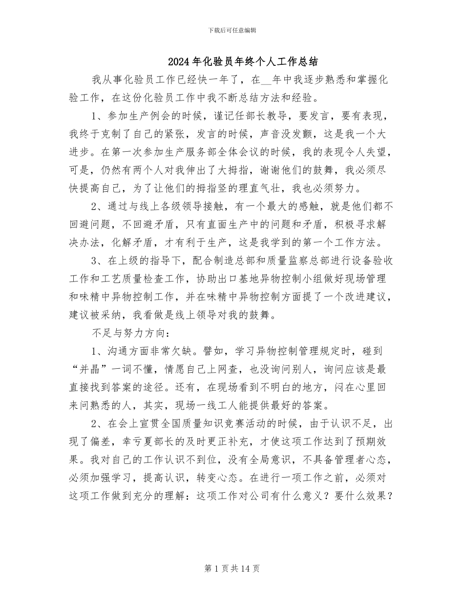 2024年化验员年终个人工作总结_第1页