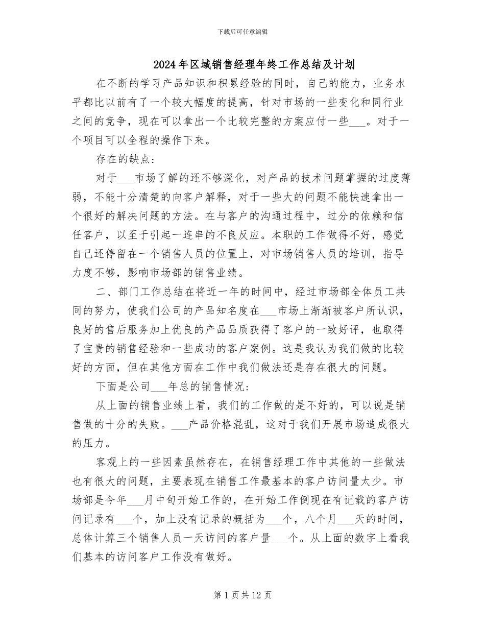 2024年区域销售经理年终工作总结及计划_第1页