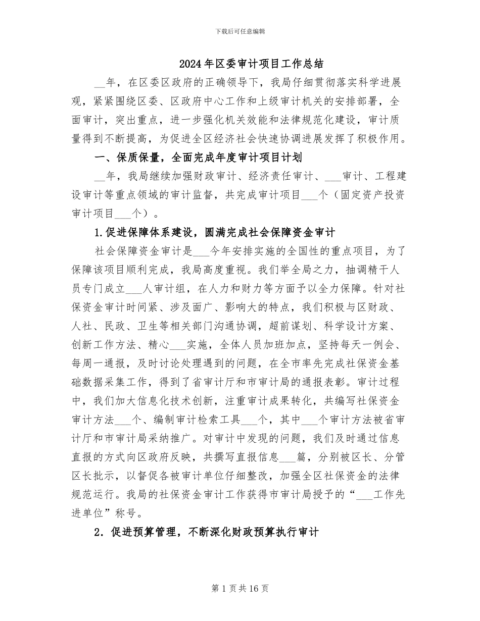 2024年区委审计项目工作总结_第1页