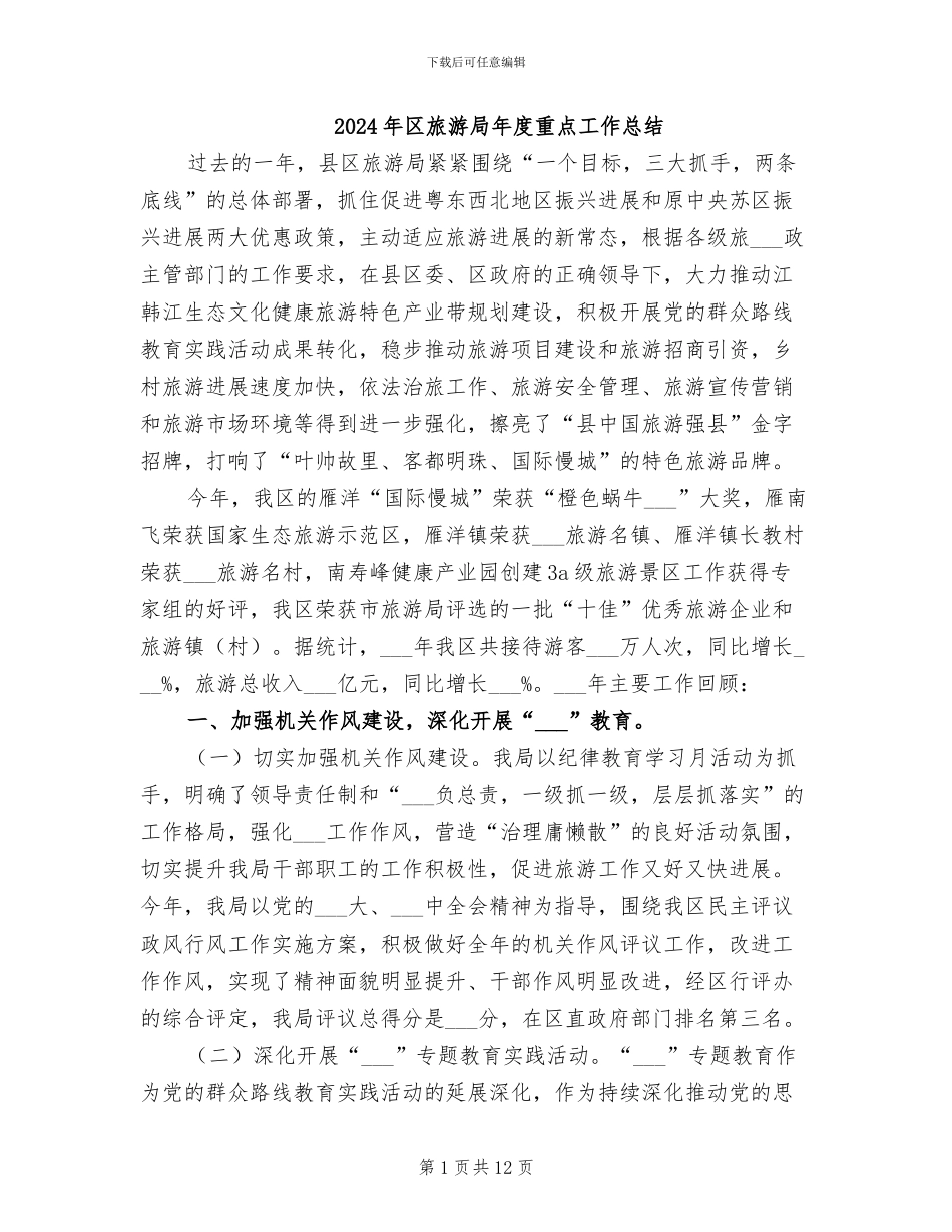 2024年区旅游局年度重点工作总结_第1页