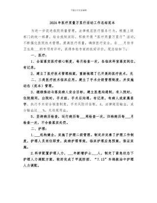 2024年医疗质量万里行活动工作总结范本