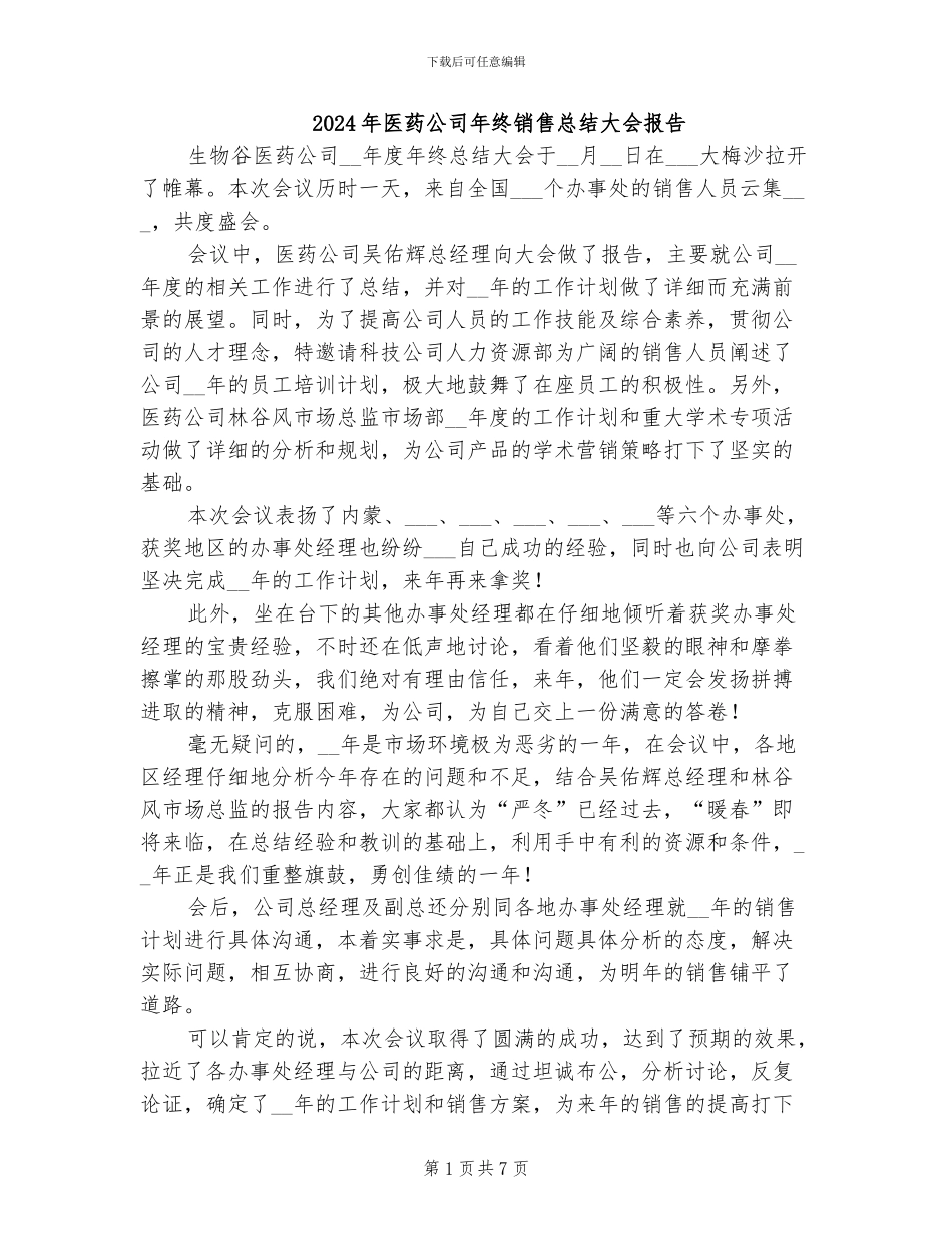 2024年医药公司年终销售总结大会报告_第1页