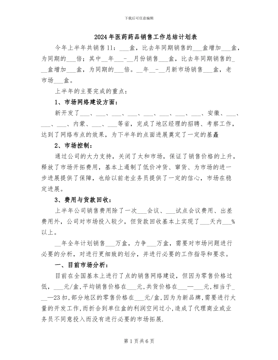 2024年医药药品销售工作总结计划表_第1页