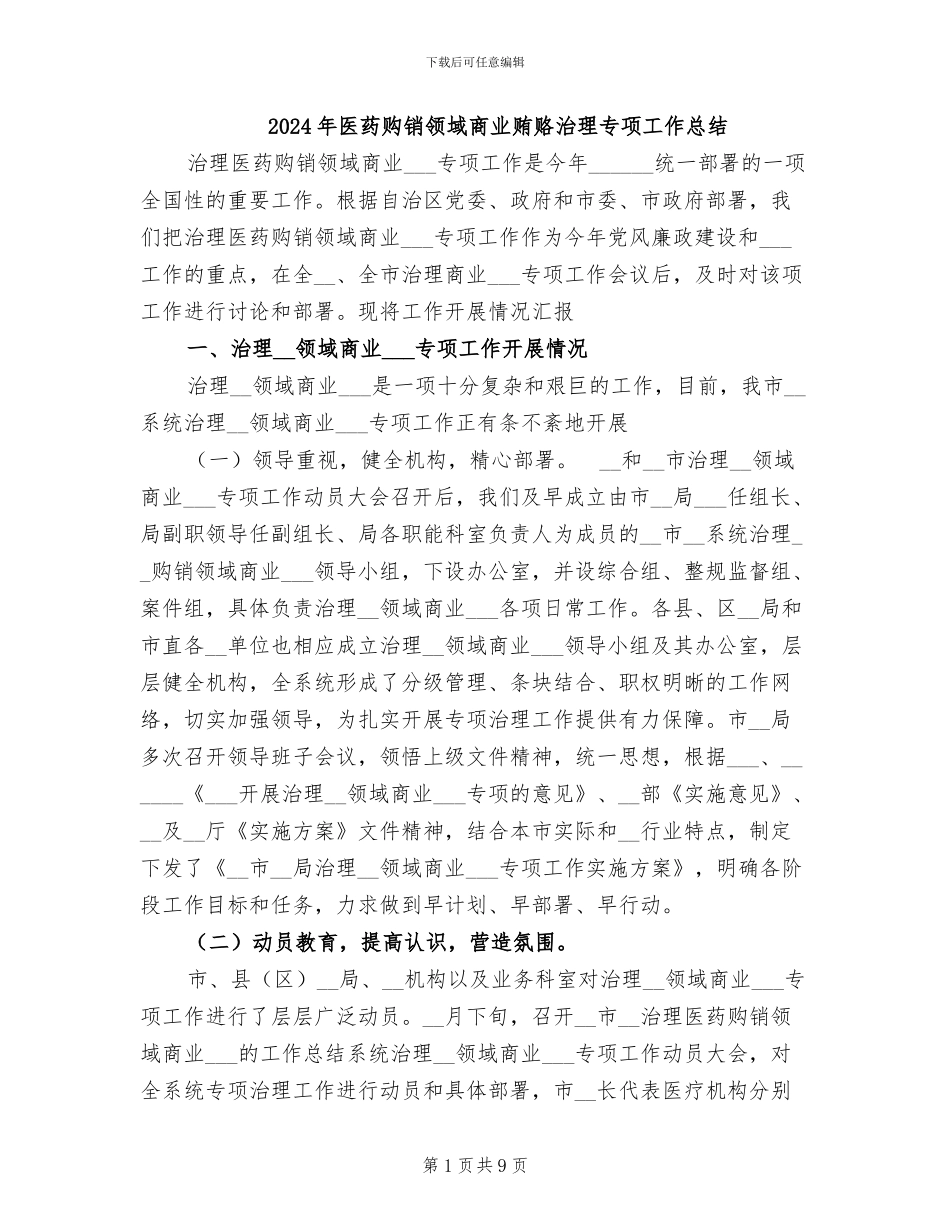 2024年医药购销领域商业贿赂治理专项工作总结_第1页