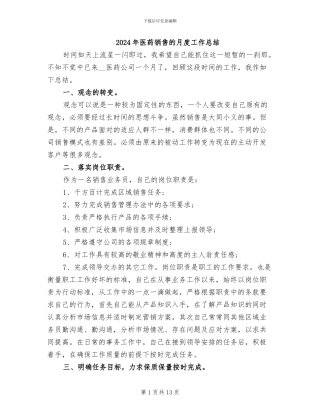 2024年医药销售的月度工作总结