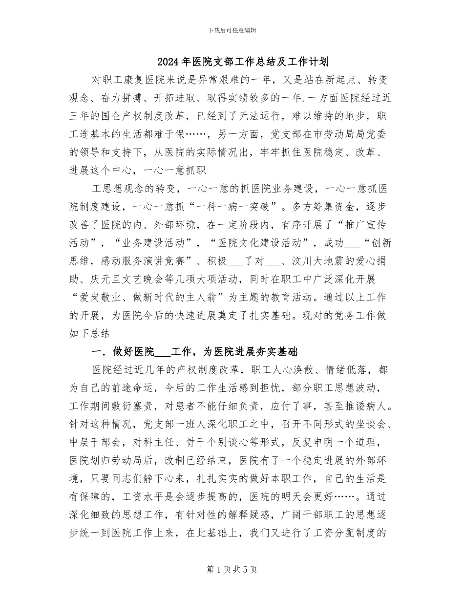 2024年医院支部工作总结及工作计划_第1页