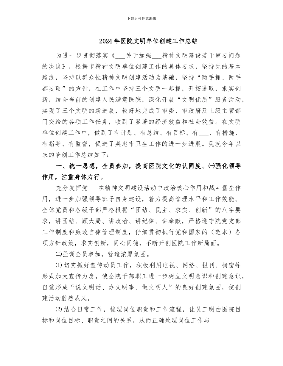 2024年医院文明单位创建工作总结_第1页