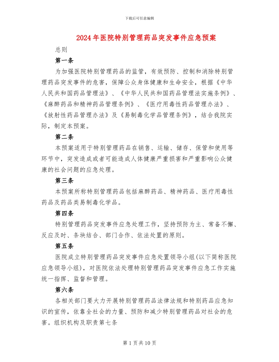 2024年医院特殊管理药品突发事件应急预案_第1页
