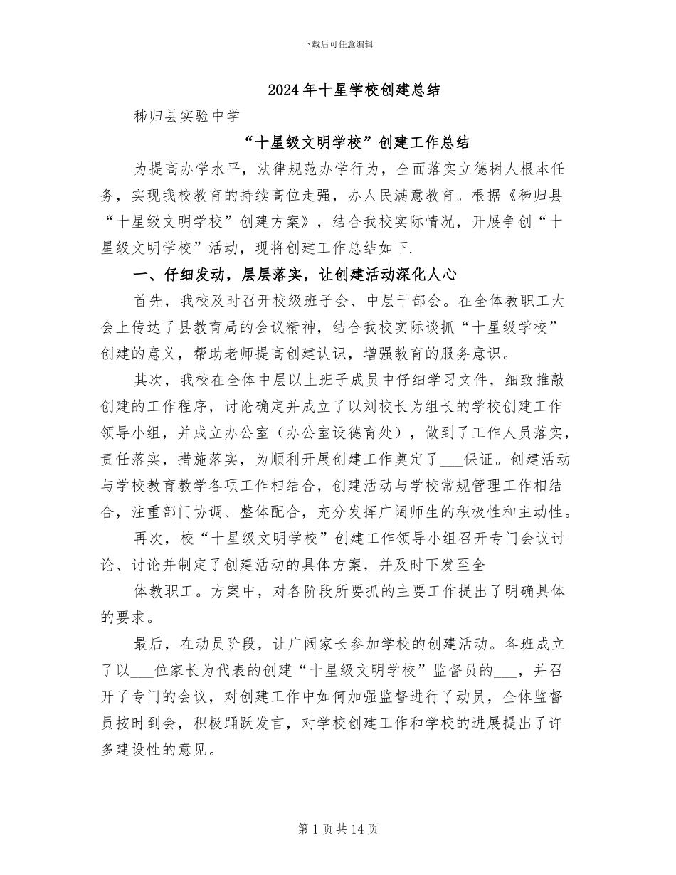 2024年十星学校创建总结_第1页