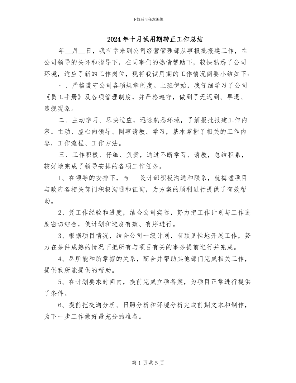 2024年十月试用期转正工作总结_第1页