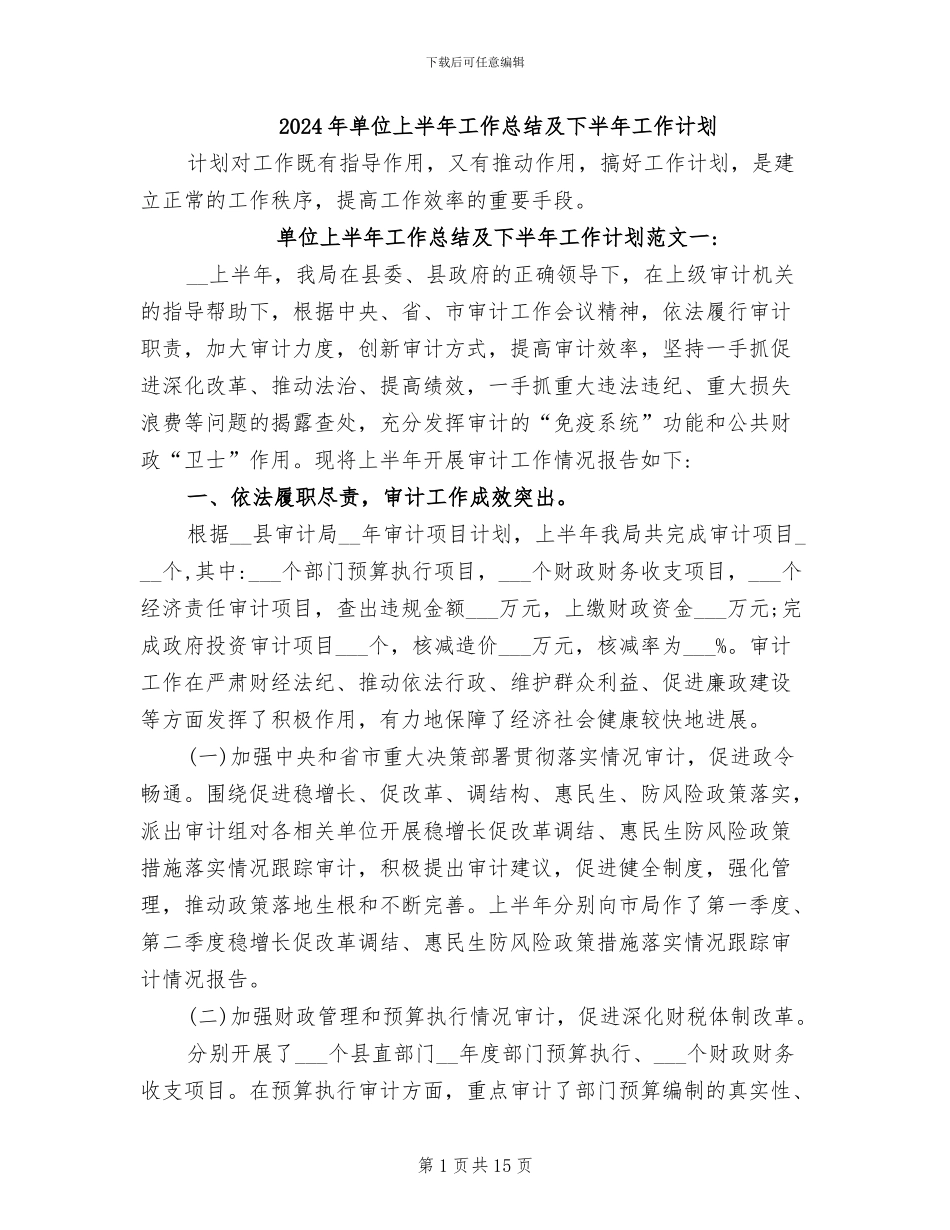 2024年单位上半年工作总结及下半年工作计划_第1页