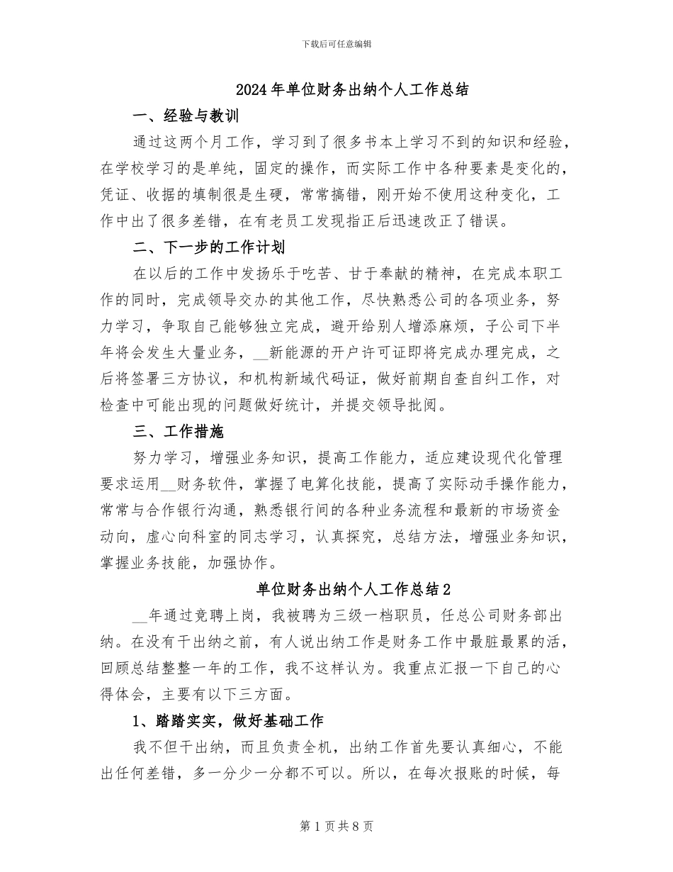2024年单位财务出纳个人工作总结_第1页