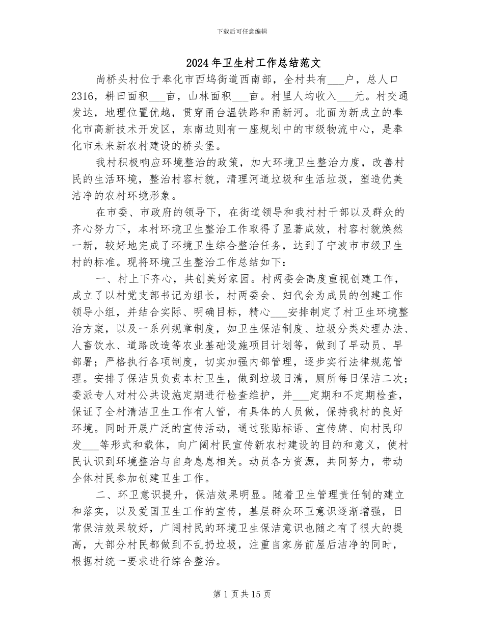 2024年卫生村工作总结范文_第1页