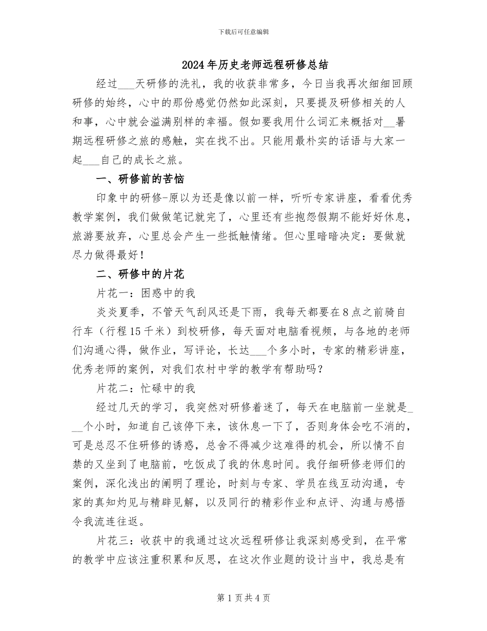 2024年历史教师远程研修总结_第1页