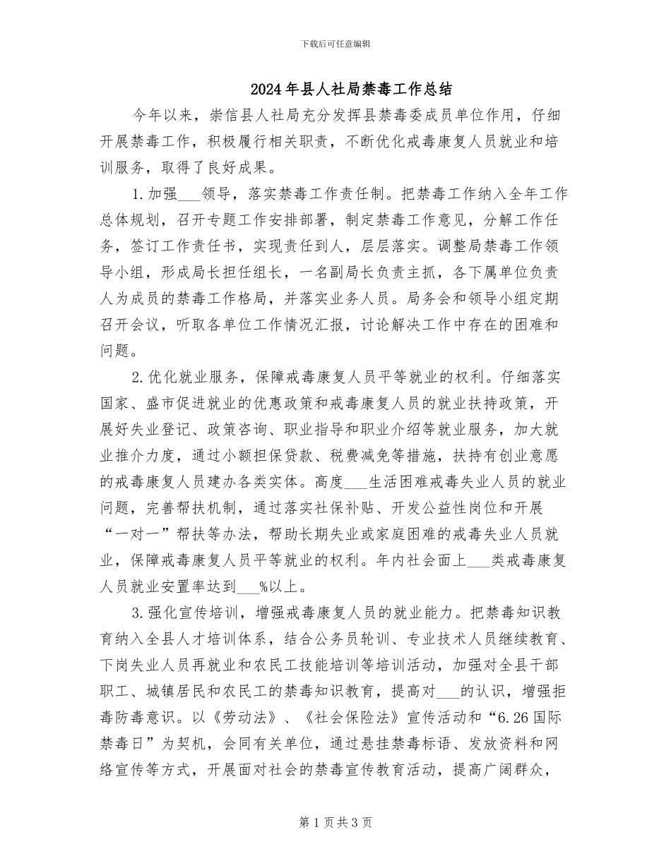 2024年县人社局禁毒工作总结_第1页