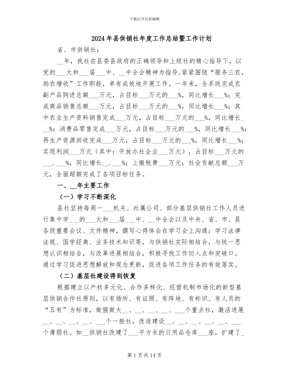 2024年县供销社年度工作总结暨工作计划_第1页