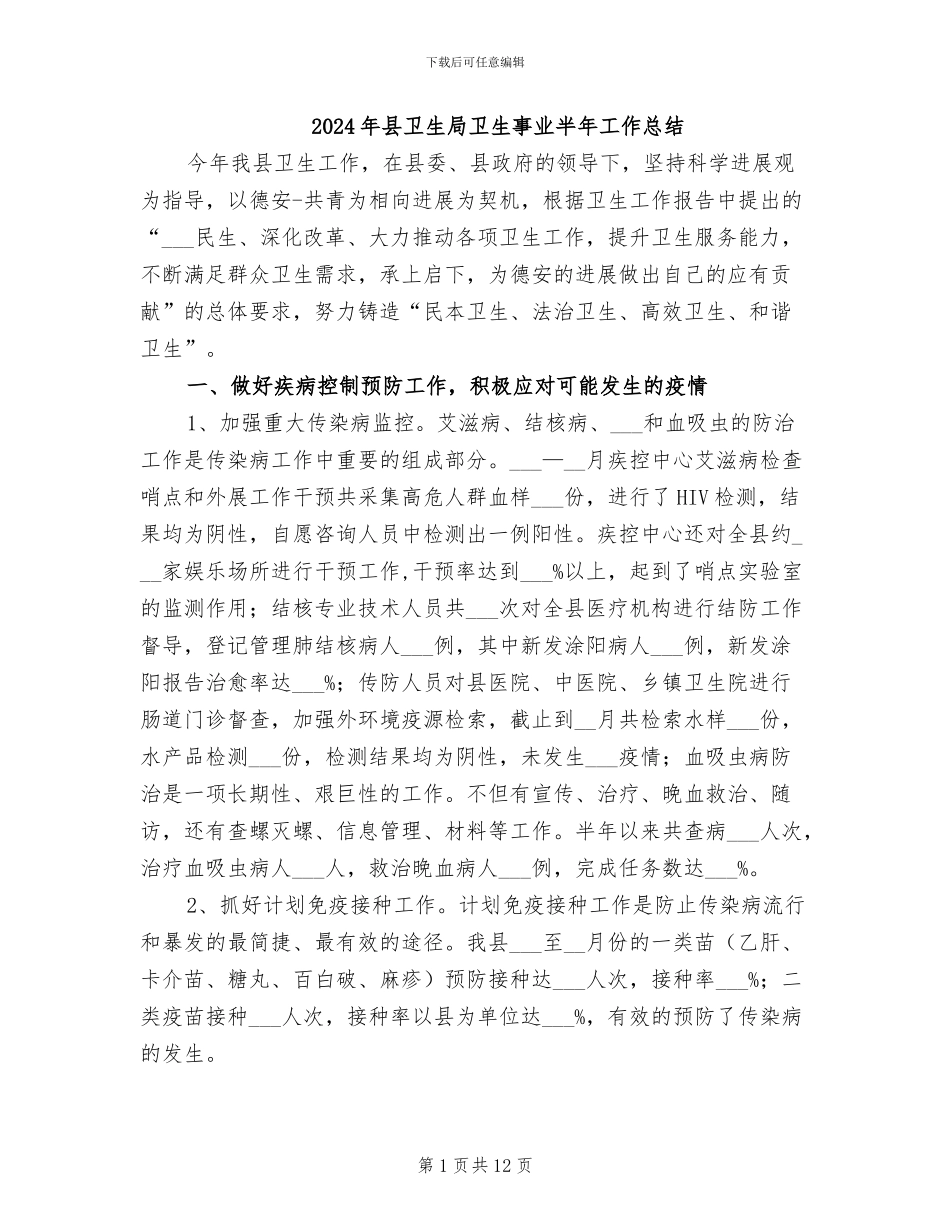 2024年县卫生局卫生事业半年工作总结_第1页