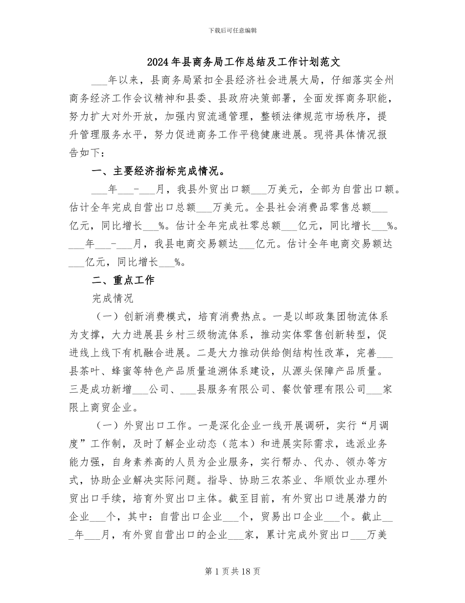 2024年县商务局工作总结及工作计划范文_第1页