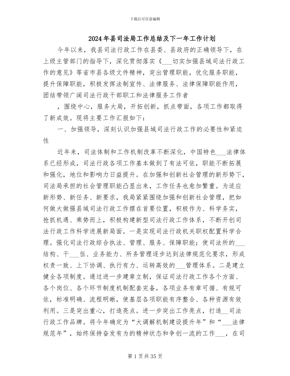 2024年县司法局工作总结及下一年工作计划_第1页