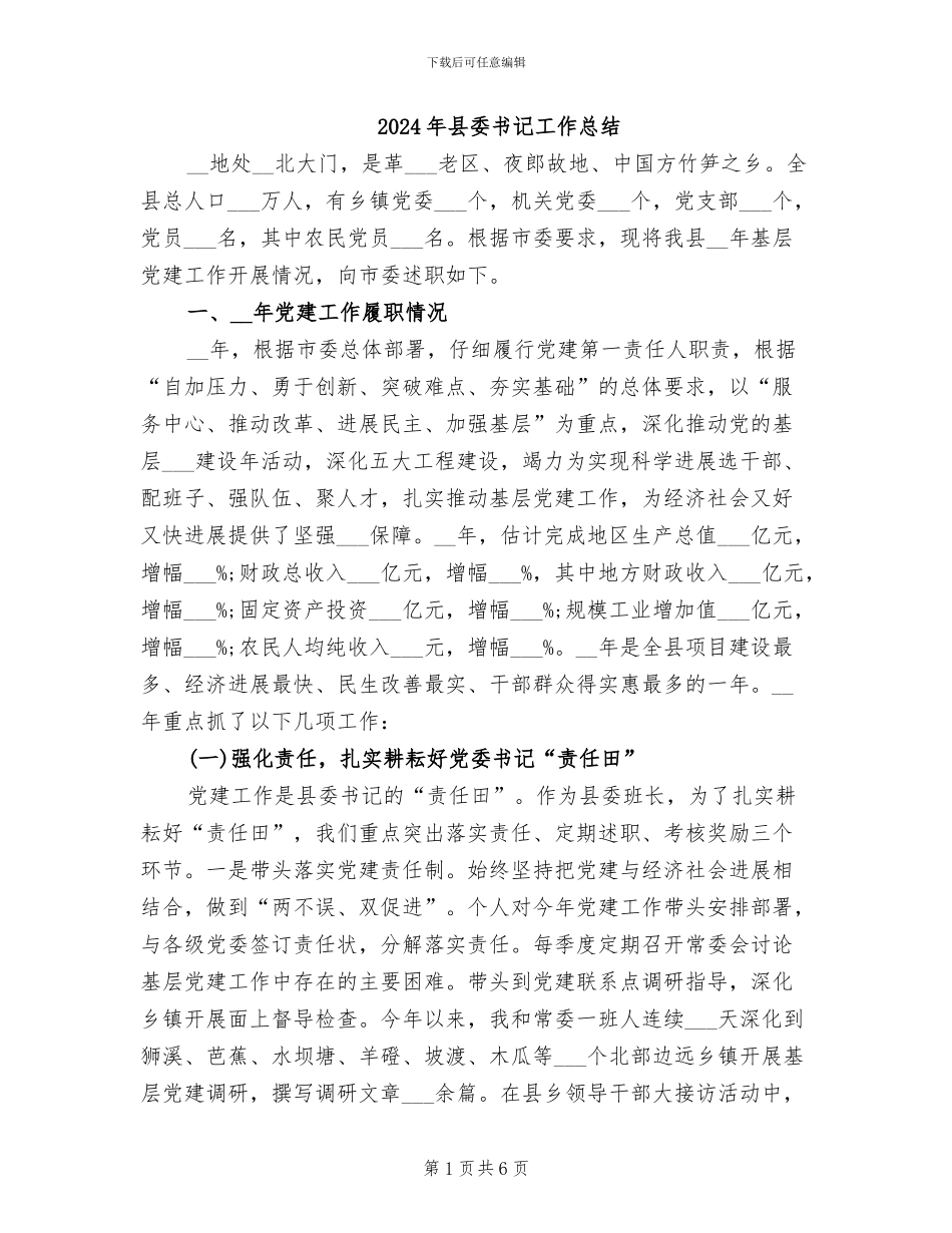 2024年县委书记工作总结_第1页