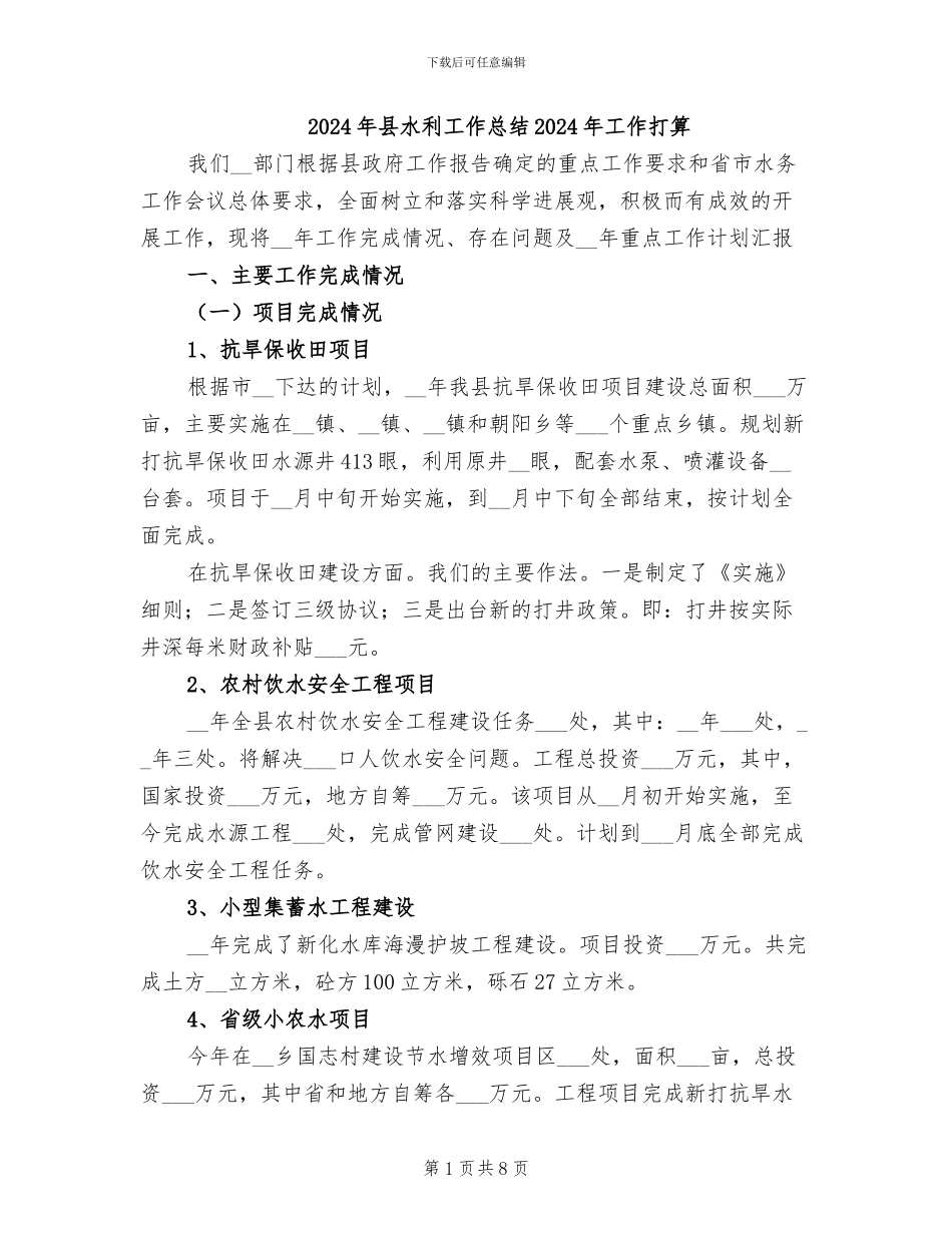 2024年县水利工作总结2024年工作打算_第1页