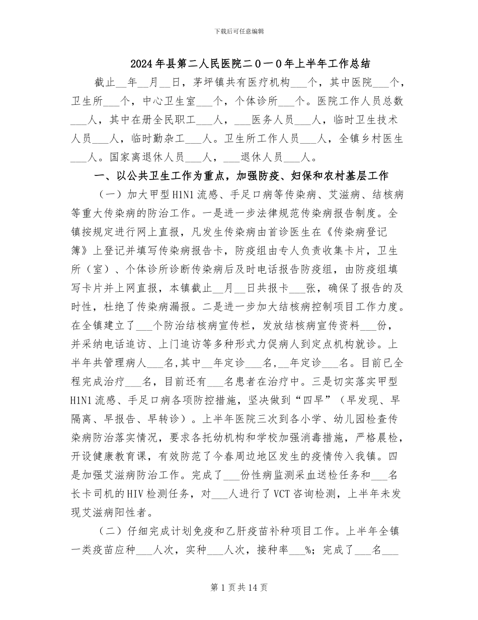 2024年县第二人民医院二O一O年上半年工作总结_第1页